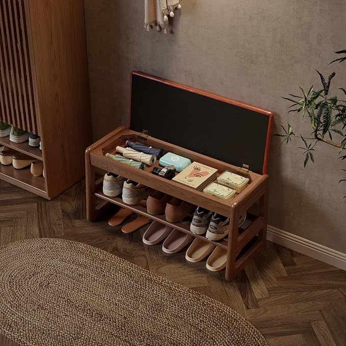AQIMUELE Shoe Rack Bench,2 Tiers Shoe Bench with Storage with Flip-Top,Wood Shoe Rack for Entryway,Hallway（Orange Upholstered Seat,11.8" D x 31.5" W x 15.7" H）