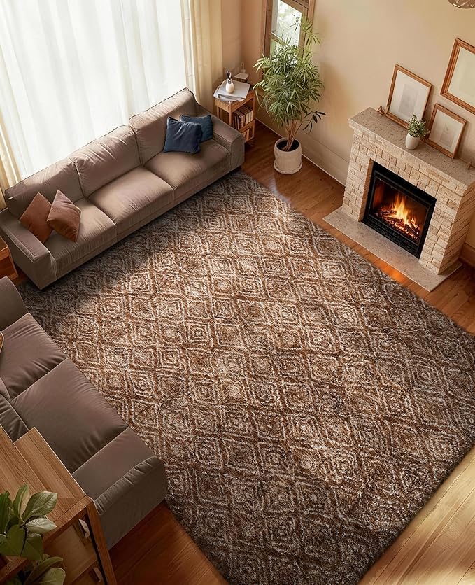 Ophanie 6x9 Brown and White Diamond Striped Rugs for Living Room,Large Fluffy Shag Fuzzy Plush Soft Carpets, Shaggy Rug for Bedroom, Carpet for Kids Boys Girls Dorm Nursery Home Decor Aesthetic