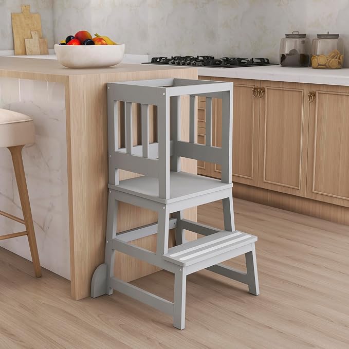 Dream On Me 2-in-1 Funtastic Tower and Step Stool, Toddler Kitchen Helper Tower and Step Stool, Safety Rails, Anti-Skid Pads, Non-Slip Strips & Stabilizer Fins for Safe Counter Activities - Cool Grey