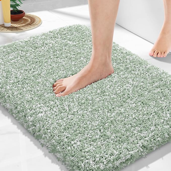 Yimobra Bathroom Rugs for Home Essentials, Non Slip Washable Bath Mat, Soft Water Absorbent Plush Shower Rug for Bathroom Floor, Bath Decor Accessories, 24X17, Light Green White