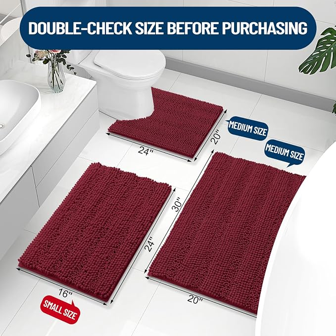 Grandaily Chenille Striped Bathroom Rugs 47x24, Extra Thick and Absorbent Bath Mats, Non-Slip Soft Plush Shaggy Shower Carpet, Machine Wash Dry, Bath Rug for Bathroom, Burgundy