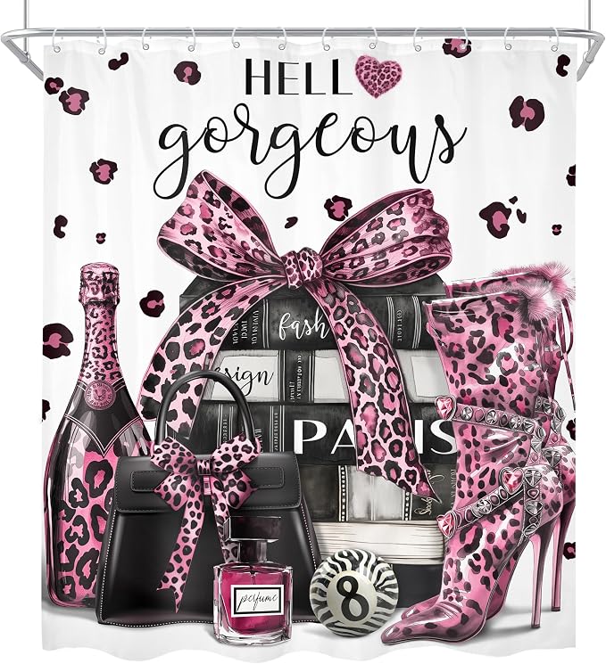 4Pcs Black and Pink Leopard Print Shower Curtain Set,Fashion Modern Girly Bow Perfume Striped Bathroom Curtain with Rug,Toilet Lid Cover, Bath Mat,High Heels Books Shower Curtain with 12 Hooks