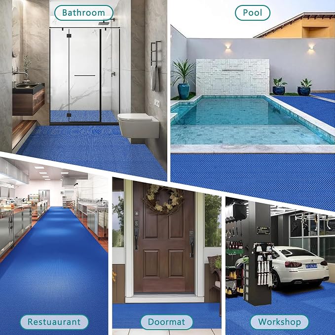 WochiTV Non Slip Drainage Mats PVC Pool Floor Mat 0.23'' Thick Outdoor Indoor Parking Space Mat for Bathroom Garage Basement Backyard Commercial Kitchen 3x16.6Ft Blue