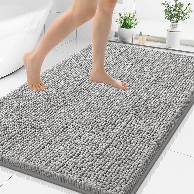 Smiry Luxury Chenille Bathroom Rugs 50x30, Extra Soft and Absorbent Shaggy Bath Mat, Machine Washable, Non-Slip Plush Carpet Runner for Tub, Shower, and Floor, Home Decor Accessories, Light Grey