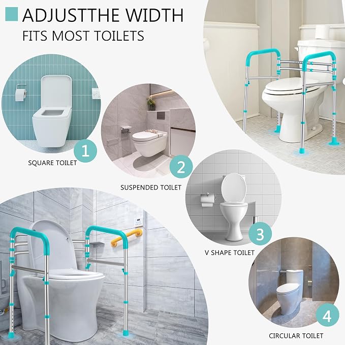 Lianjindun Toilet Safety Rails (350 lb), Adjustable Toilet Frame for Elderly, Seniors, Handicap & Disabled, Foldable Handicap Toilet Handles Fit Any Toilets（Peacock Blue）