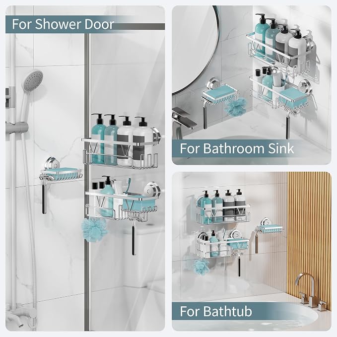 KEGII Suction Cup Shower Caddy – 3 Pack Suction Cup Shelf with Soap Holder & Hooks, Rustproof Stainless Steel Shower Organizer Rack, Removable No Drilling Bathroom Storage Rack, Silver