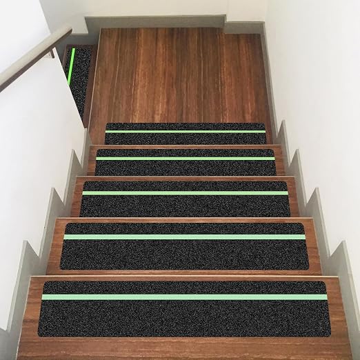 10 Pack 4” x 30” Anti Slip Traction Treads with Glow in The Dark Stripe, Outdoor Waterproof Non Skid Pre-Cut Tape with Roller, High Traction Friction Abrasive Adhesive for Stairs Step