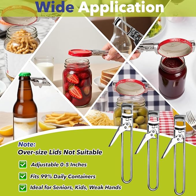 3-Pack Adjustable Stainless Steel Jar Opener - Multifunctional Jar Opener for Weak Hands, Seniors with Arthritis - Includes Keychain Opener - Opens Jars, Bottles, Containers Easily，Kitchen Accessories