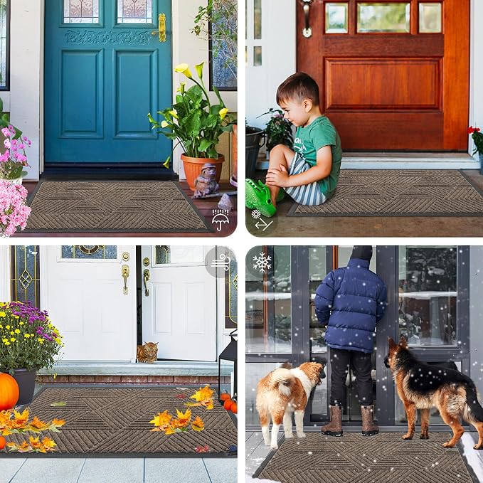 Smiry Front Door Mat Outside Entrance, Heavy Duty Sturdy Natural Rubber Doormat, Trap Dirt and Moisture, Easy Clean Low Profile Mats for Indoor Outdoor Entry, Irregular Triangle (29.5x17, Mixed Khaki)