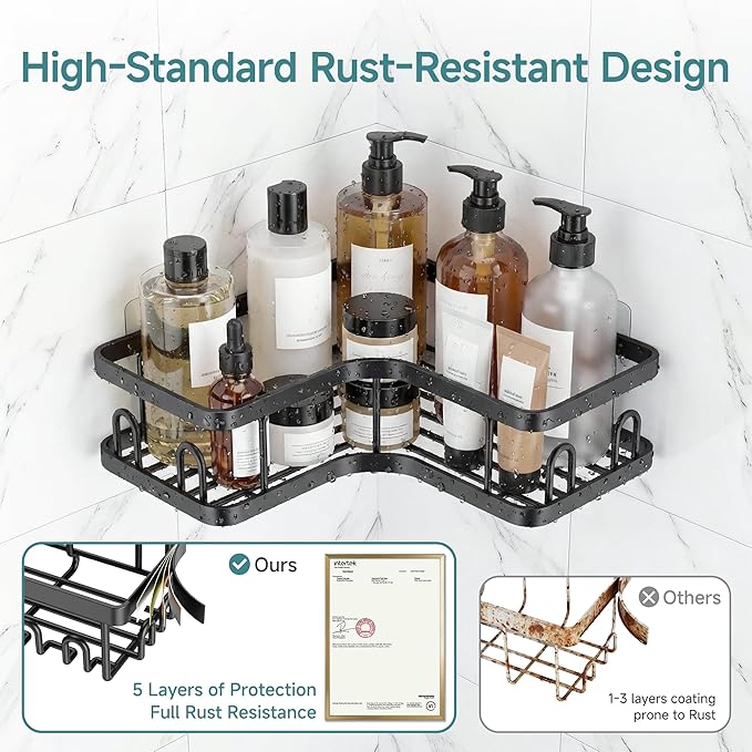 Veken Corner Adhesive Shower Caddy 3-Pack with Soap Holder&Hooks,No Drilling Shower Shelves,Rustproof & Waterproof Bathroom Organizers and Storage,Rack for Small Spaces, Kitchen&Rental-Friendly,Black