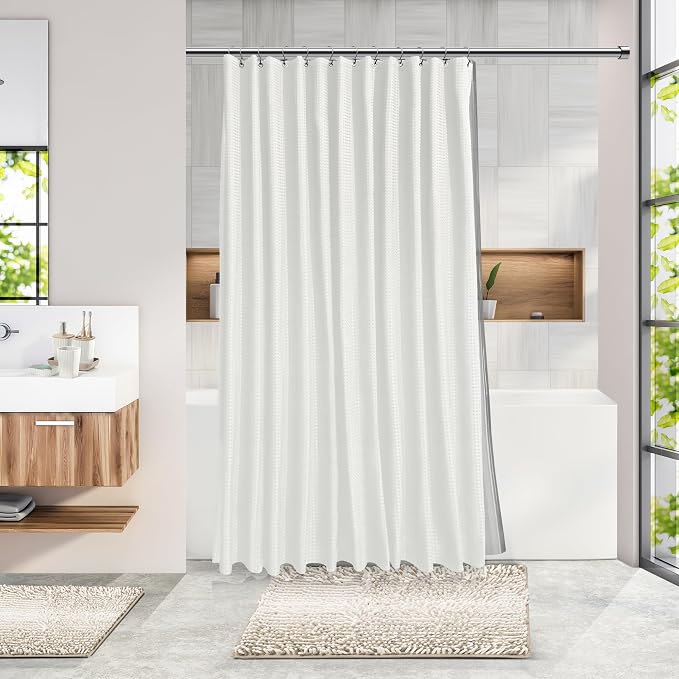 Clara Clark Bathroom Accessories Set - 27PC Bathroom Set with Adhesive Corner Shower Caddy Hanging, Bathroom Sets with Shower Curtain and Rugs, Ombre White Shower Curtain Set with Bathroom Trash Can