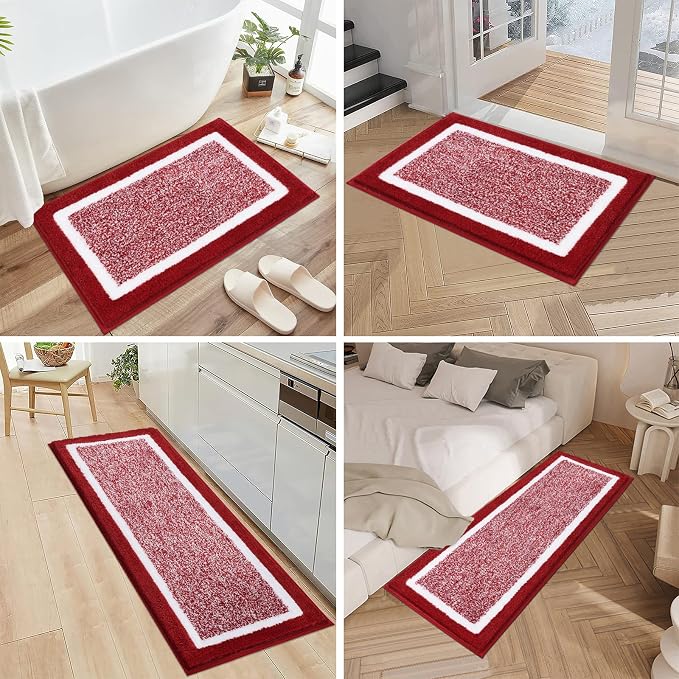 Pauwer Bathroom Rug Sets 3 Piece Bathroom Shower Rugs with U-Shaped Contour Toilet Mat Absorbent Microfiber Plush Non Slip Bath Mats Machine Washable Shaggy Floor Carpet, Red