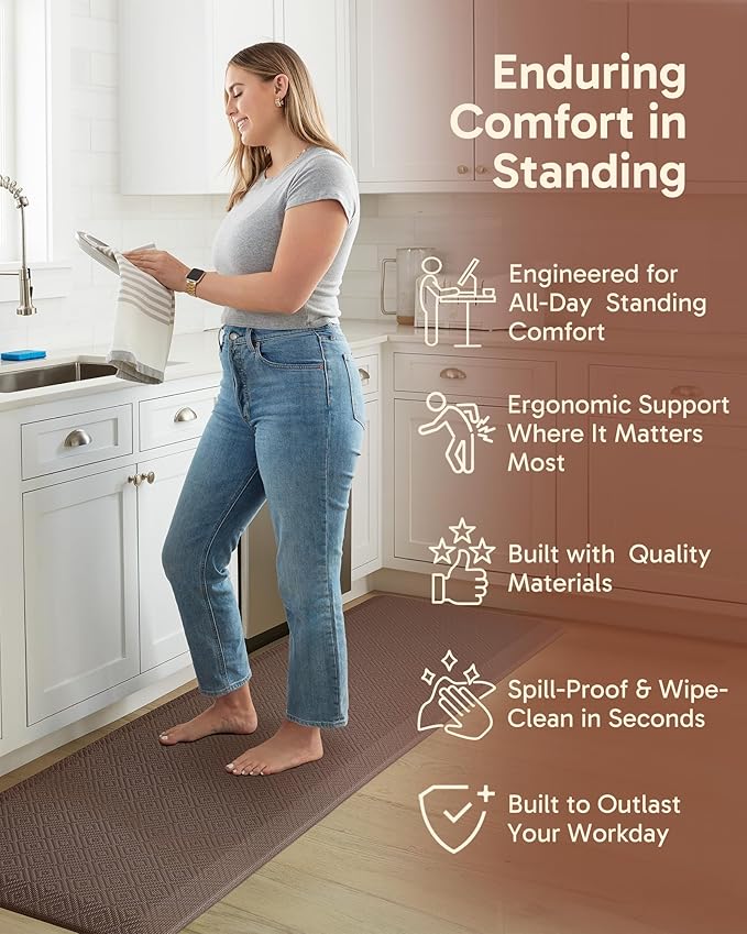 Ophanie Kitchen Mats for Floor, 3/4 Inch Thick Kitchen Rugs, 24'' x 70'' Anti Fatigue Standing Cushioned Mat, Waterproof,Comfort Ergonomic Mat for Office, Home, Sink, Brown Non-Slip Bottom