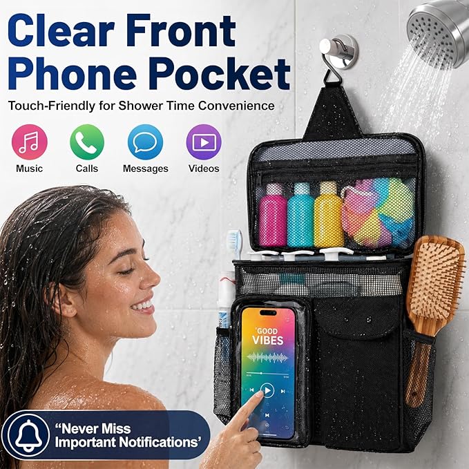 Dorm Room Essentials for Guys Girls, Mesh Shower Caddy Portable, Large Capacity Toiletry Shower Bag with Hanging Hook for Full-Sized Bottles, Multi-Pocket Organizer for College Gym Camping Travel