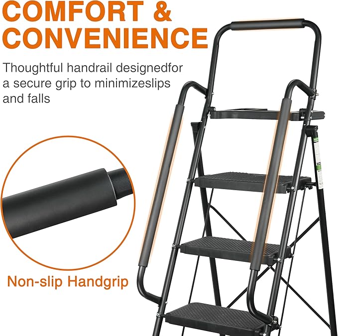 Arbusb Step Ladder, Folding Step Stool with Wide Anti-Slip Pedals, Sturdy Steel Ladder with Handrail, Space-Saving, Portable for Home & Adults, 5 Step Ladder