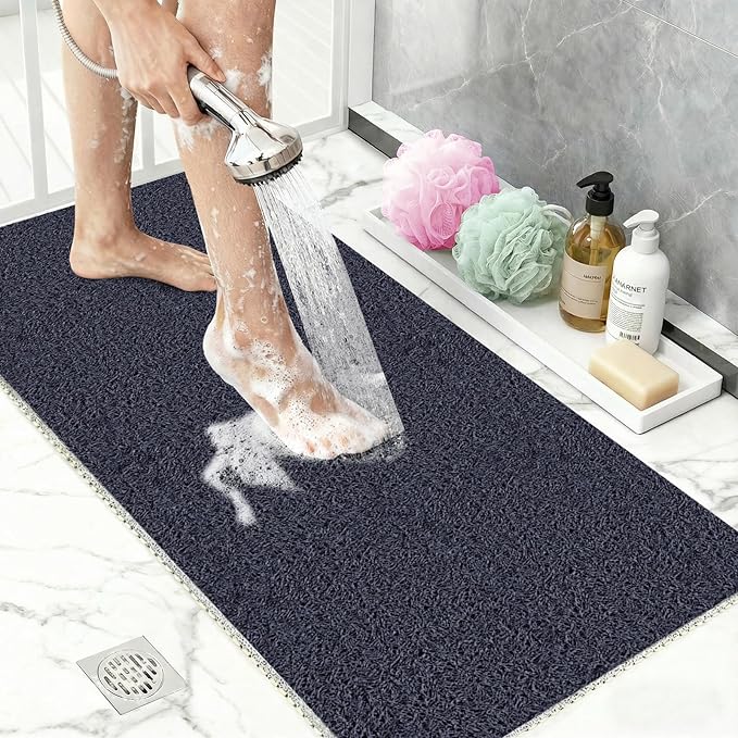 Non Slip Shower Mat 24"x16" - PVC Loofah Bath Mat with Drain, Loofah Bath Mats for Home, Poolside Entryway, Soft Comfort Shower Slip Mat for Adults, Washable & Resistant, Blue