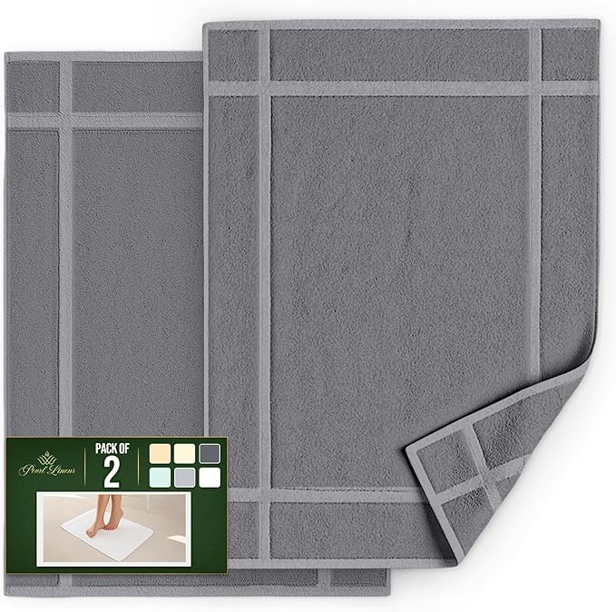 Pearl Linens 100% Ring Spun Cotton Bath Mat (Pack of 2) 18 x 25 Inch, Washable, Soft & Absorbent Terry Bathroom Floor Mat – Not Bathroom Rugs – Quick-Dry After Shower Bath Mat, 781 GSM, Light Grey