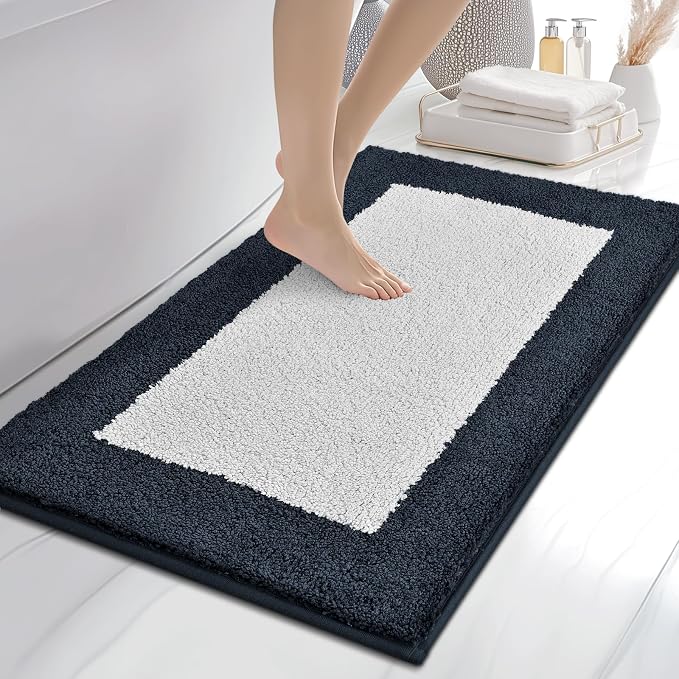 anllugs Bathroom Rugs 24" x 36", Non-Slip Extra Soft Absorbent Bath Rugs, Machine Washable Quick Dry Bath Mats for Bathroom Floor, Shower, Bathtub and Sink, Navy Blue & White