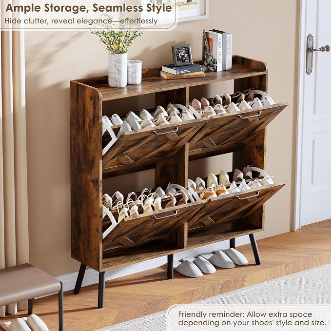 Nicetree Shoe Cabinet Storage for Entryway, Freestanding Shoe Storage Cabinet, Farmhouse Narrow Shoe Rack Cabinet for Entryway, Foyer, Hallway, Shoe Cabinet 4 Flip Drawers, Rustic Brown