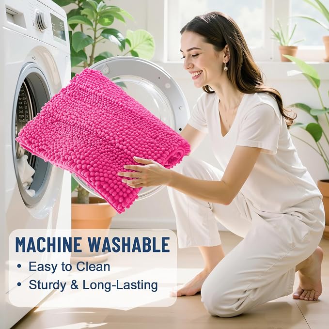 Grandaily Chenille Striped Bathroom Rugs 24x16, Extra Thick and Absorbent Bath Mats, Non-Slip Soft Plush Shaggy Shower Carpet, Machine Wash Dry, Bath Rug for Bathroom, (Small, Deep Pink)