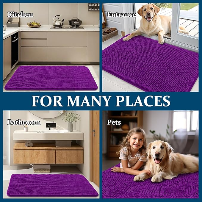 OLANLY Dog Door Mat for Muddy Paws 35x24, Absorbs Moisture and Dirt, Absorbent Non-Slip Washable Doormat, Quick Dry Chenille Mud Mat for Dogs, Entry Indoor Entryway Carpet for Inside Floor, Purple
