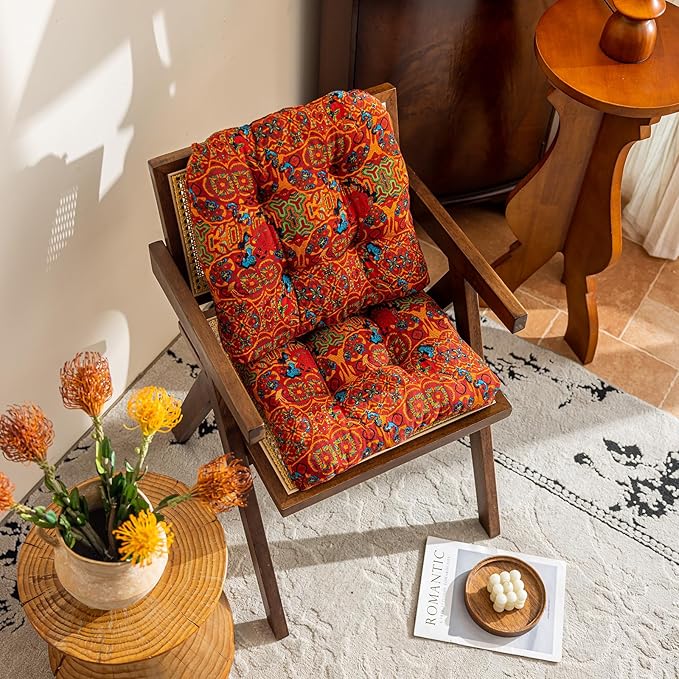 vctops Boho Geometric Chair Cushions with Ties U-Shaped Soft Cozy Cotton Linen Chair Pads Non Slip Seat Cushions for Indoor Dining Room and Kitchen Chairs (Orange,18"x18")