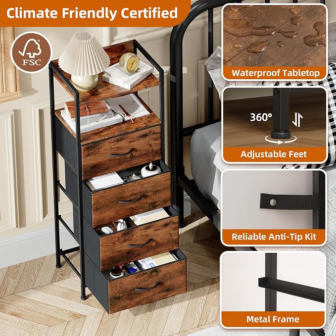 Somdot Nightstand with 4 Drawers, Vertical Storage Tower Fabric Dresser for Bedroom, Night Stand Bedside Table Furniture, Sturdy Steel Frame, Wooden Top & Easy Pull Fabric Bins, Wood Grain Print
