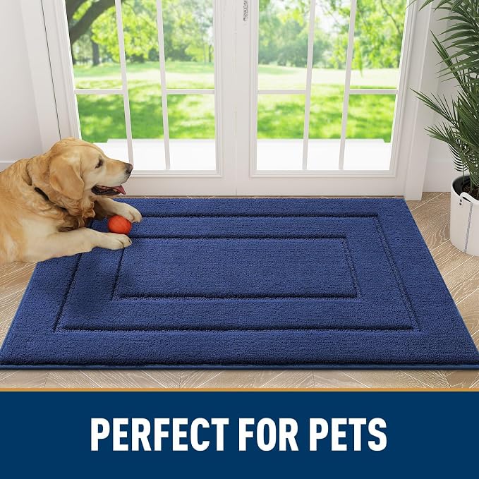 Smiry Dog Door Mat for Muddy Paws, Absorbs Moisture and Dirt, Low-Profile Entryway Mat with Non-Slip Backing, Entry Indoor Outdoor Doormat for Inside Floor (30x20 Inches, Navy Blue, Bordered)
