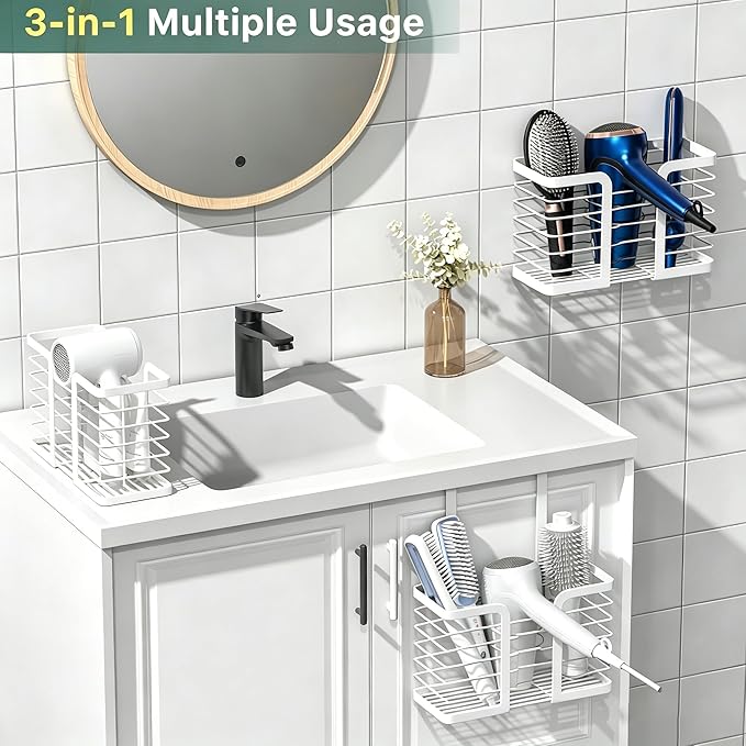 YIGII Hair Dryer Holder Adjustable Height - Hair Tool Organizer White Bathroom Organizer Hot Styling Tools Storage for Hair Dryer, Flat Iron, Curling Iron, Straightener