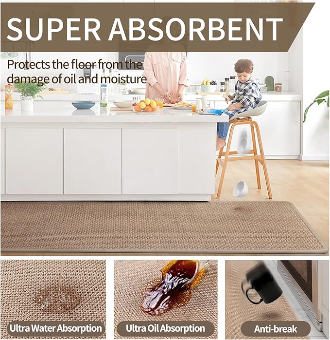 YDKGL Kitchen mats for Floor, Water and Oil Absorbent Runner Rugs for Kitchen, Kitchen Mat in Front of Sink,Non-Slip and Washable Kitchen Rugs,Braided Quick Dry Kitchen Standing Mat 17x47 Brown