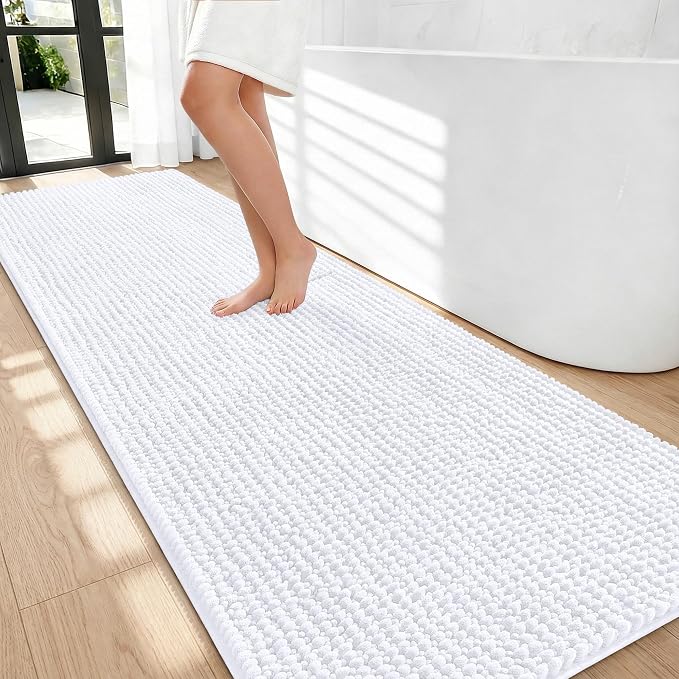 OLANLY Thick Bathroom Runner Rugs 70x24, Extra Soft Absorbent Chenille Bath Rugs, Rubber Backing, Machine Wash Dry, Long Bath Mats for Bathroom Floor, Tub and Shower, Home Decor Accessories, White
