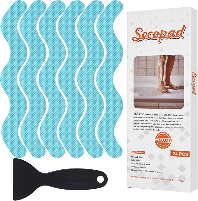 Secopad Patented Anti Slip Shower Stickers, 24PCS Adhesive Decals Safety Strips with Scraper for Bath Tub, Shower Floor, Stairs, Blue, 0.8"*8"