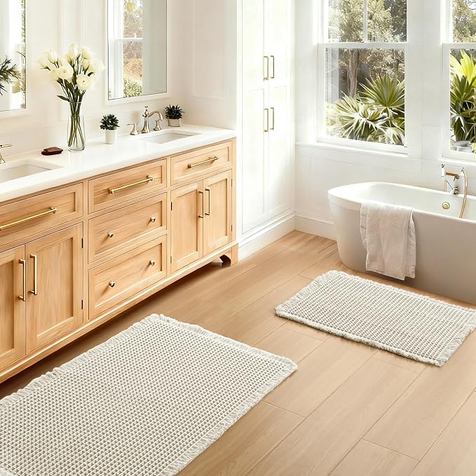 JIUZHEN Set of 2 Waffle Bath Mats Super Absorbent Boho Bath Rugs Non Slip Washable Bathroom Rugs Ultra Soft Machine Washable Shower Mats for Bathroom Floor, Tub, 16" x 24" +24" x 36", Ivory