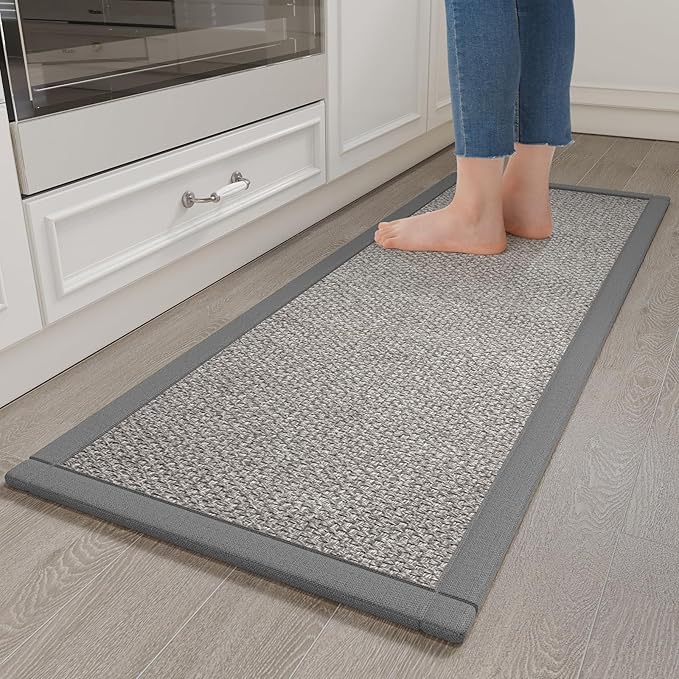 YDKGL Kitchen Rugs Mat Non Slip Washable, 0.4" Thick Anti Fatigue Cushioned Kitchen Mats for Floor, Absorbent Jute-Look Kitchen Runner Rug Sink Mat Laundry Standing Mats, Easy Clean, Gray 17"x47"