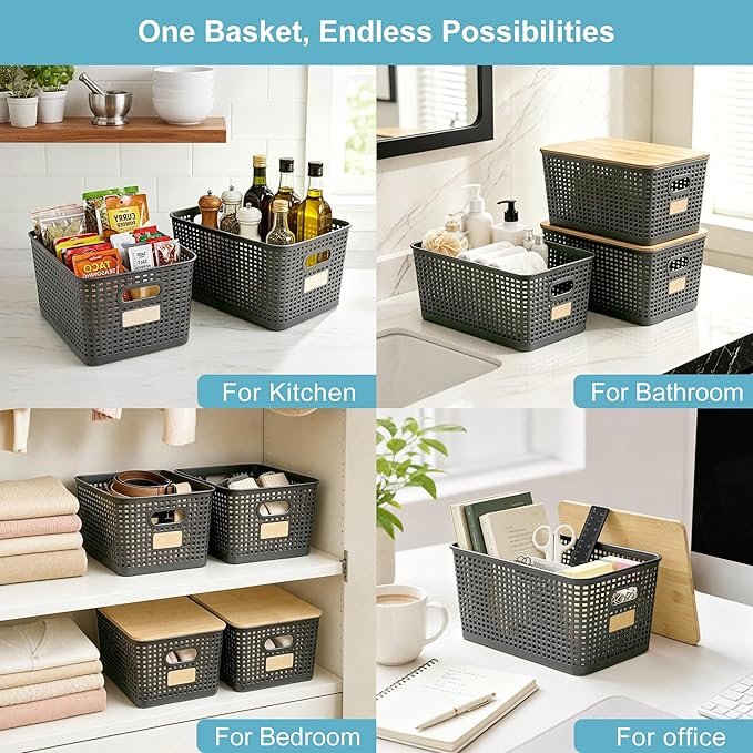 Bagnizer 2 Pack Tall Plastic Storage Bins with Bamboo Lids, 10.8qt Stackable Storages Baskets for Organizing Desktop Closet Playroom Classroom Office, 12"L x 8.3"W x 6.1"H, Gray