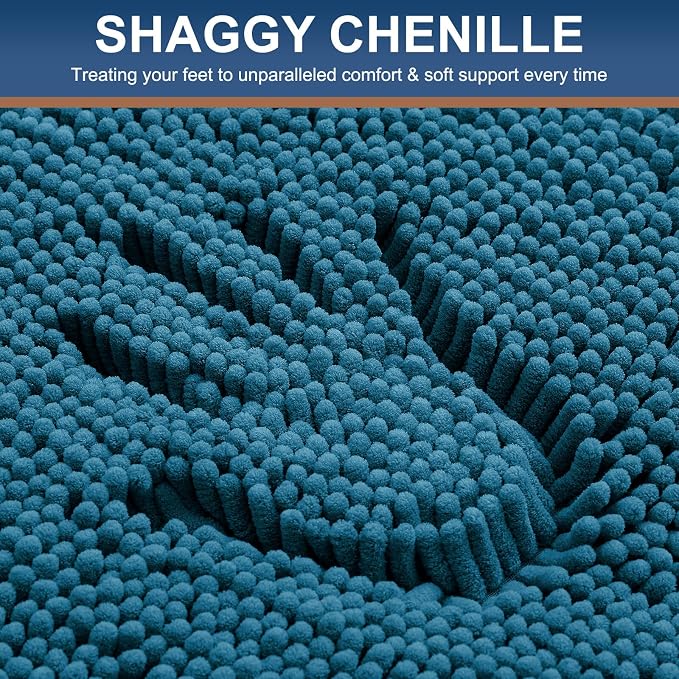Smiry Luxury Chenille Bathroom Rugs 30x20, Extra Soft and Absorbent Shaggy Bath Mat, Machine Washable, Non-Slip Plush Carpet Runner for Tub, Shower, and Floor, Home Decor Accessories, Peacock Blue