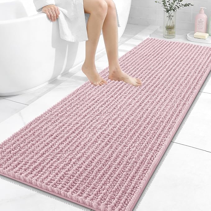OLANLY Long Bathroom Rugs Runner 59x24, Thick Soft and Absorbent Chenille Bath Mat, Non-Slip, Machine Washable Quick Dry Bath Rugs for Tub Shower Floor, Home Decor Accessories, Dusty Rose