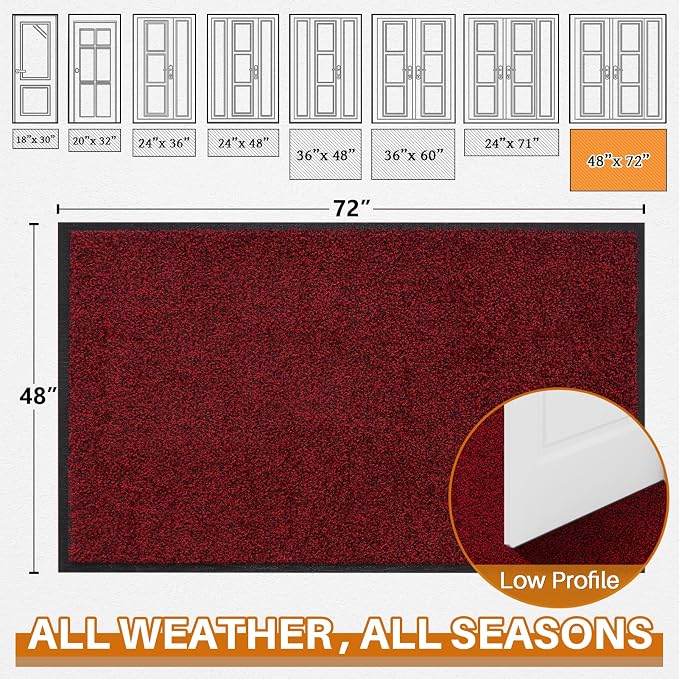 Mibao Front Door Mat Indoor Entrance, 72" x 48", Dirt Trapper Welcome Mat for Outdoor Indoor, Non-Slip Waterproof Doormat, Durable Machine Washable Low Profile Entry Rug for Back Door Outside,Red