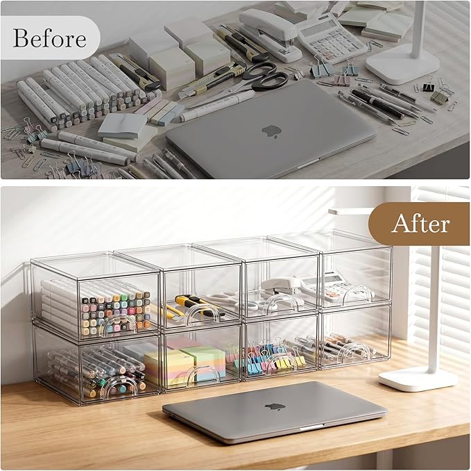 8 Pack Small Clear Stackable Acrylic Storage Boxes for Art Tool & Sketch, Storage Drawers, Storage Organizer, Clear Plastic Makeup Organizer, Ideal for Vanity, Cabinet, Desk Organization