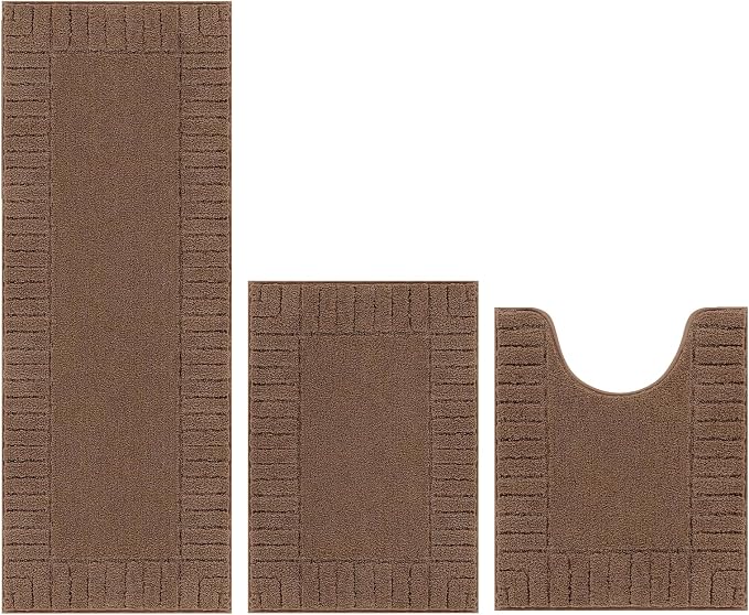 Pauwer Bathroom Rugs Sets 3 Piece Non Slip Machine Washable Bathroom Shower Rugs with U-Shaped Contour Toilet Mat Plush Shaggy Absorbent Microfiber Bath Mat Set, Dark Brown