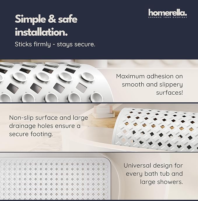 Bathtub Mat Non Slip 28x16 - homerella® Bath Mat Incl. Hooks for Drying, 100% BPA Free, Shower Mat Non Slip Anti Mold, Machine Washable, Shower Mats for Inside Shower Mildew Resistant (White)