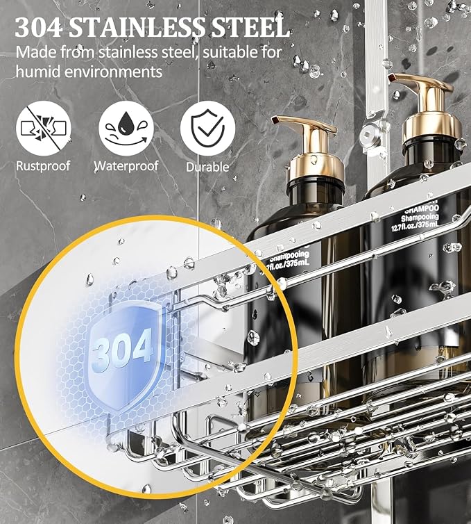 OMAIRA Shower Caddy Hanging with Soap Scrub Holder, Stainless Steel Adjustable No Drilling Non-Slip Large Capacity Sturdy Over Shower Head Shower Organizer Inside Shelves Bathroom Storage Rack, Silver