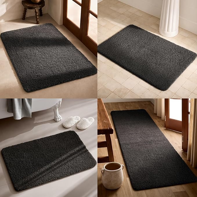 TYUU Black Bathroom Rug, Ultra Soft Bath Rugs Non Slip Washable, Super Absorbent Quick Dry Bath Mat with Rubber Backing for Bathroom Floor, Shower, or Sink, Black 24" x 48"