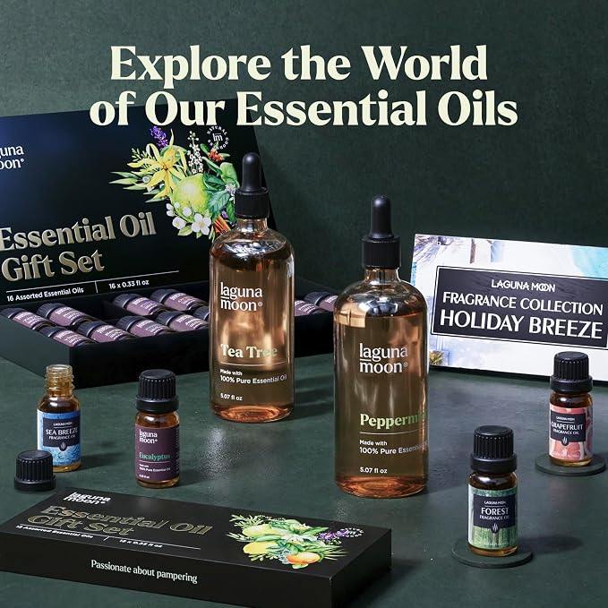 Lagunamoon Essential Oils Aromatherapy Set - 6 Oils for Diffusers, Home Care, Candle Making Scents, Fragrance, Humidifiers, Gifts - Peppermint, Tea Tree, Lavender, Eucalyptus, Orange (10mL)