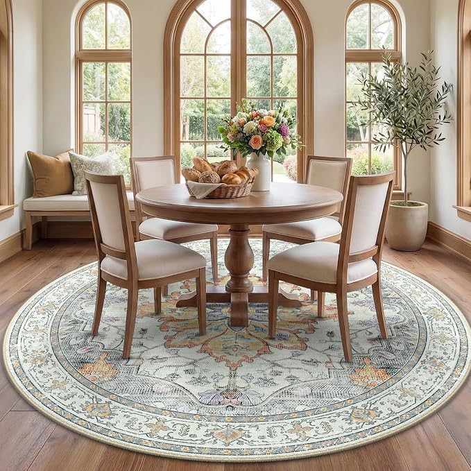 RELEANY Area Rugs Round 7ft Washable Non-Slip, Floral Vintage Distress Medallion Carpet for Living Room Bedroom Dining Room, Beige Carbon Grey Orange