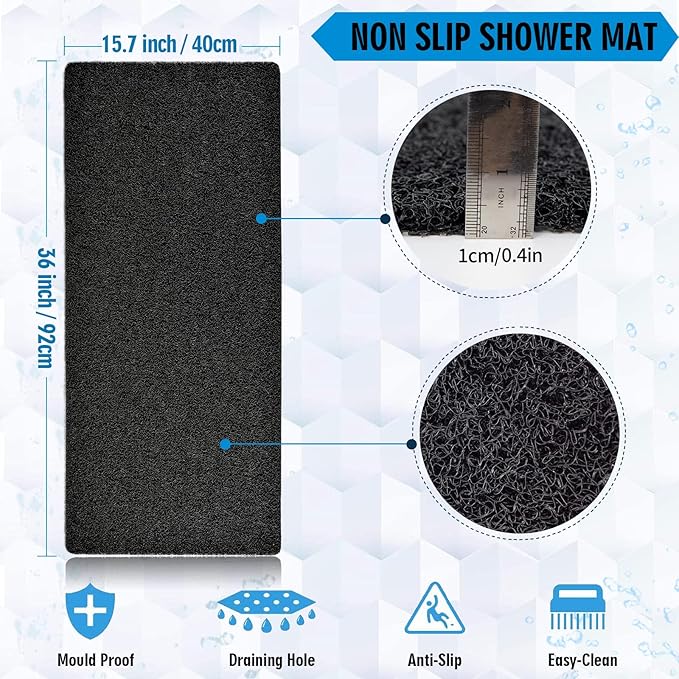 godehone Shower Mats Non Slip Without Suction Cups, PVC Loofah Bathroom Mats, Loofah Mats for Shower and Bathroom, Quick Drying, 15.7× 36 Inch, Black