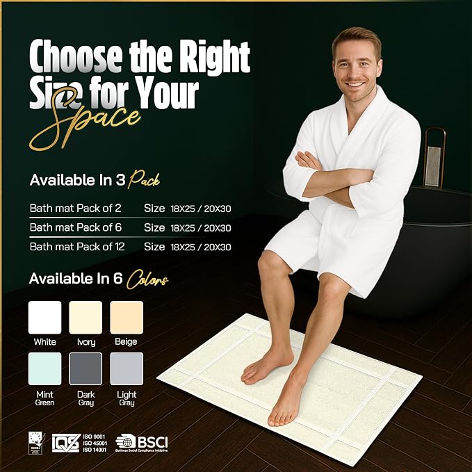 Pearl Linens Pack of 2 100% Cotton Bathmat 20x30 inches, Soft & Absorbent Quick Dry Bathroom Mat Set, Not Bathroom Rugs, After Shower Mat, Bath Tubmat, 687 GSM, Machine Washable, Ivory