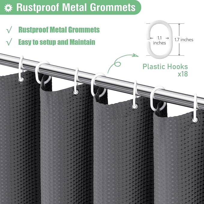 Dynamene Extra Wide Shower Curtain-108 Inch Wide Waffle Weave Weighted Thick Cloth Bathroom Shower Curtain, Neutral Heavy Duty Hotel Bath Curtain Set with 18 Plastic Hooks,108x72, Charcoal Grey
