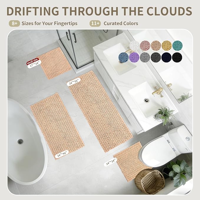 Bathroom Rugs Non Slip Washable 55x24, Extra Thick Soft Chenille Absorbent Bath Mat, High Density Barrier Non Slip Backing, Quick Dry Plush Shaggy Floor Carpet for Tub&Shower, Beige