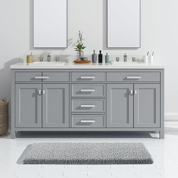 Yimobra Fluffy Plush Bath Rug, Super Shaggy Soft Comfortable Non Slip, Water Absorbent Microfiber Bath Mat, Dries Quickly, Machine Washable Thick Bathroom Rugs for Shower, 47" X 24", Pure Gray